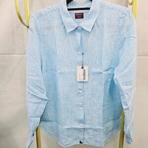 NWT UNTUCKit SHERRY LONG SLEEVE BLUE WHITE PINSTRIPE 100% LINEN SHIRT ASST SIZES